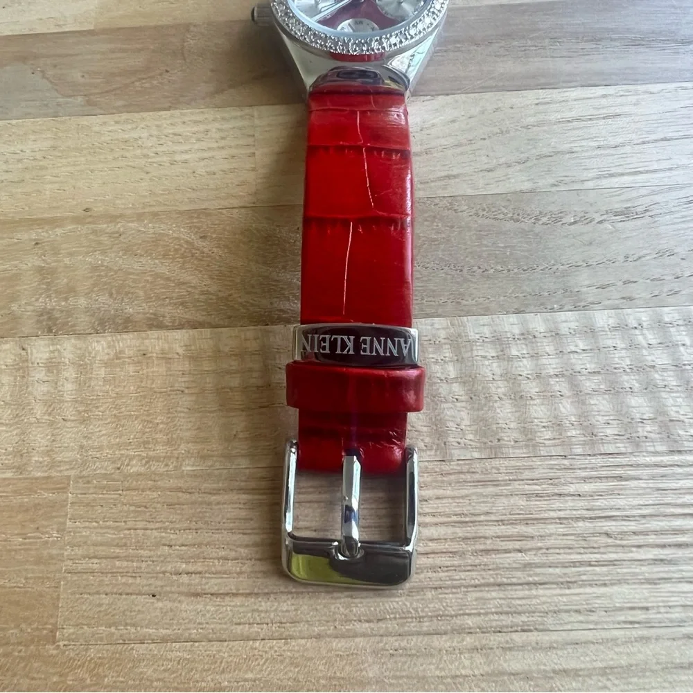 Anne Klein ladies diamond Swiss red leather sport watch NEW BATTERY